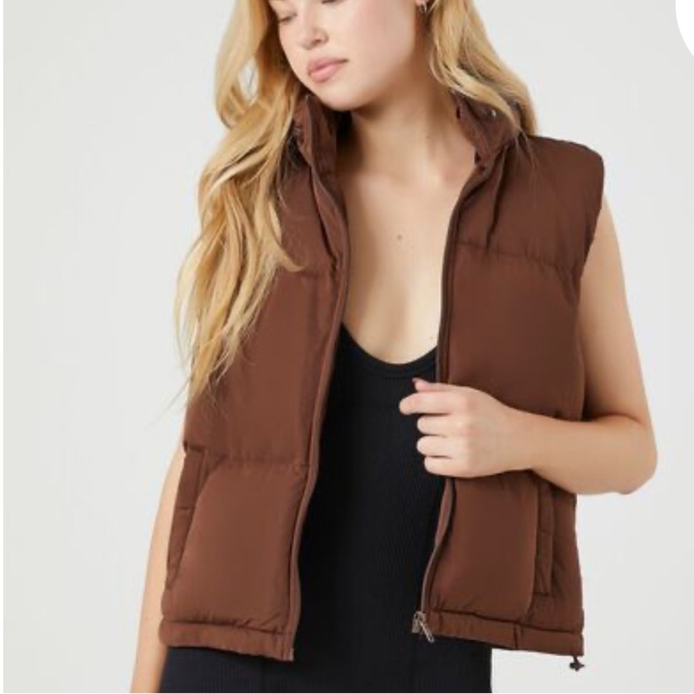 Forever 21 brown puffer vest zip up with zip up hood Size Small